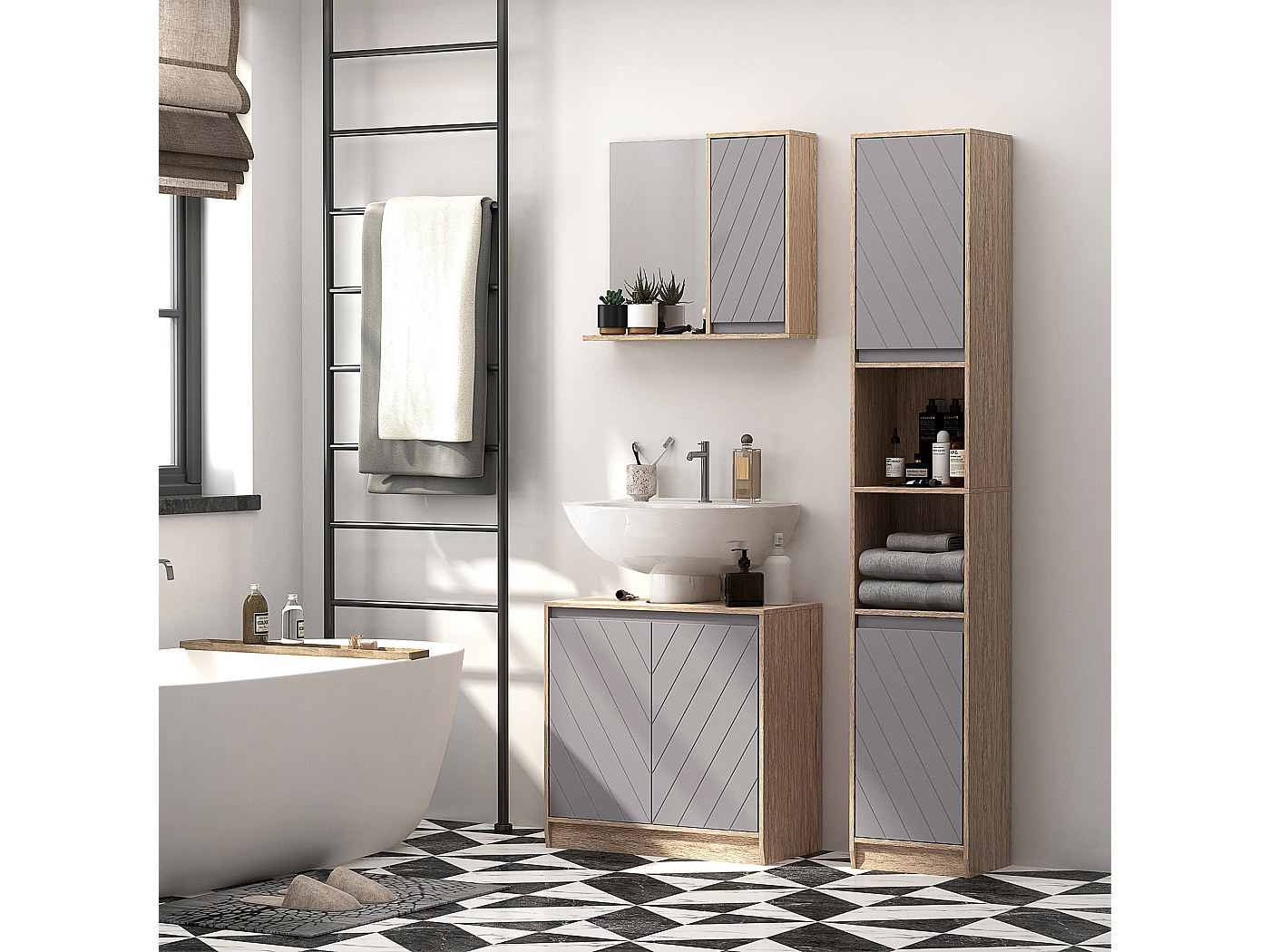 COSTWAY Mobiletto Bagno Salvaspazio 60 x 30 x 113 cm, Credenza Soggiorno con Ante, 2 Cassetti e Ripiano Regolabile, Armadietto da Cucina per Sala da Pranzo e Lavanderia (Marrone