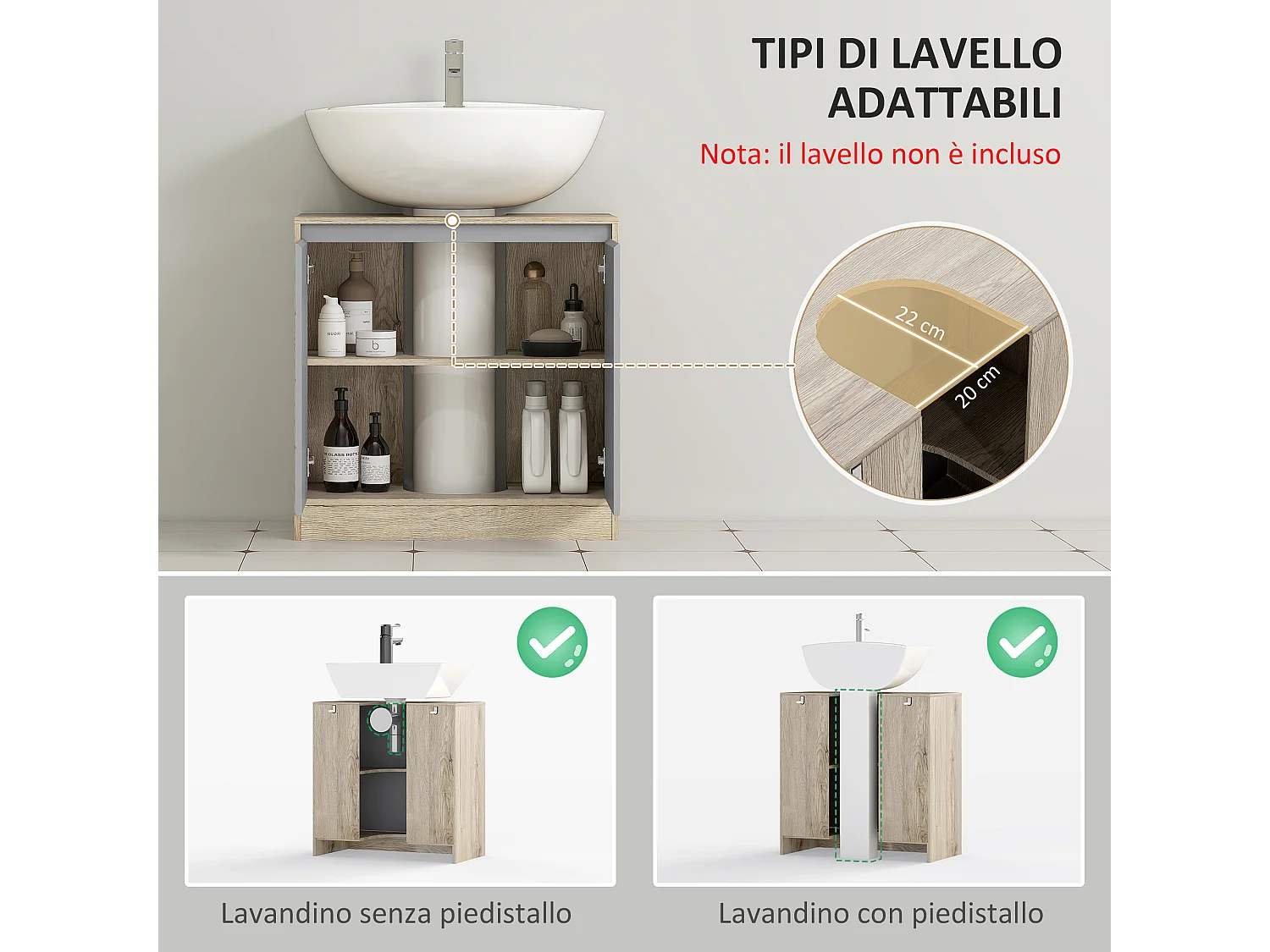 Armadietto sottolavabo con ante e mensole in mdf multicolore