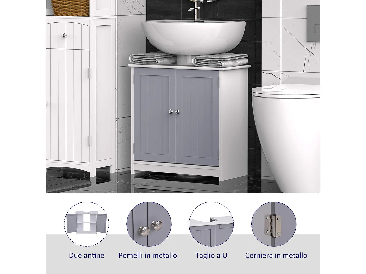 Mobile sotto lavabo bagno 2 ante e mensola in mdf 60x30x60cm