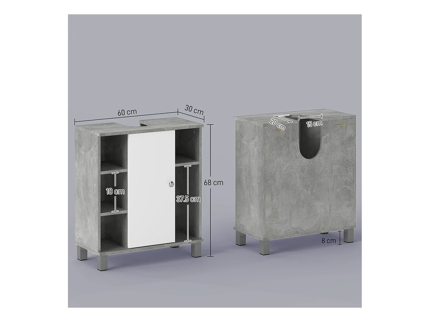 Mobiletto sottolavandino in legno bianco grigio 60x30x68cm