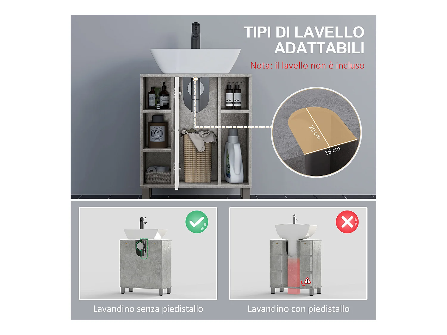 Mobiletto sottolavandino in legno bianco grigio 60x30x68cm