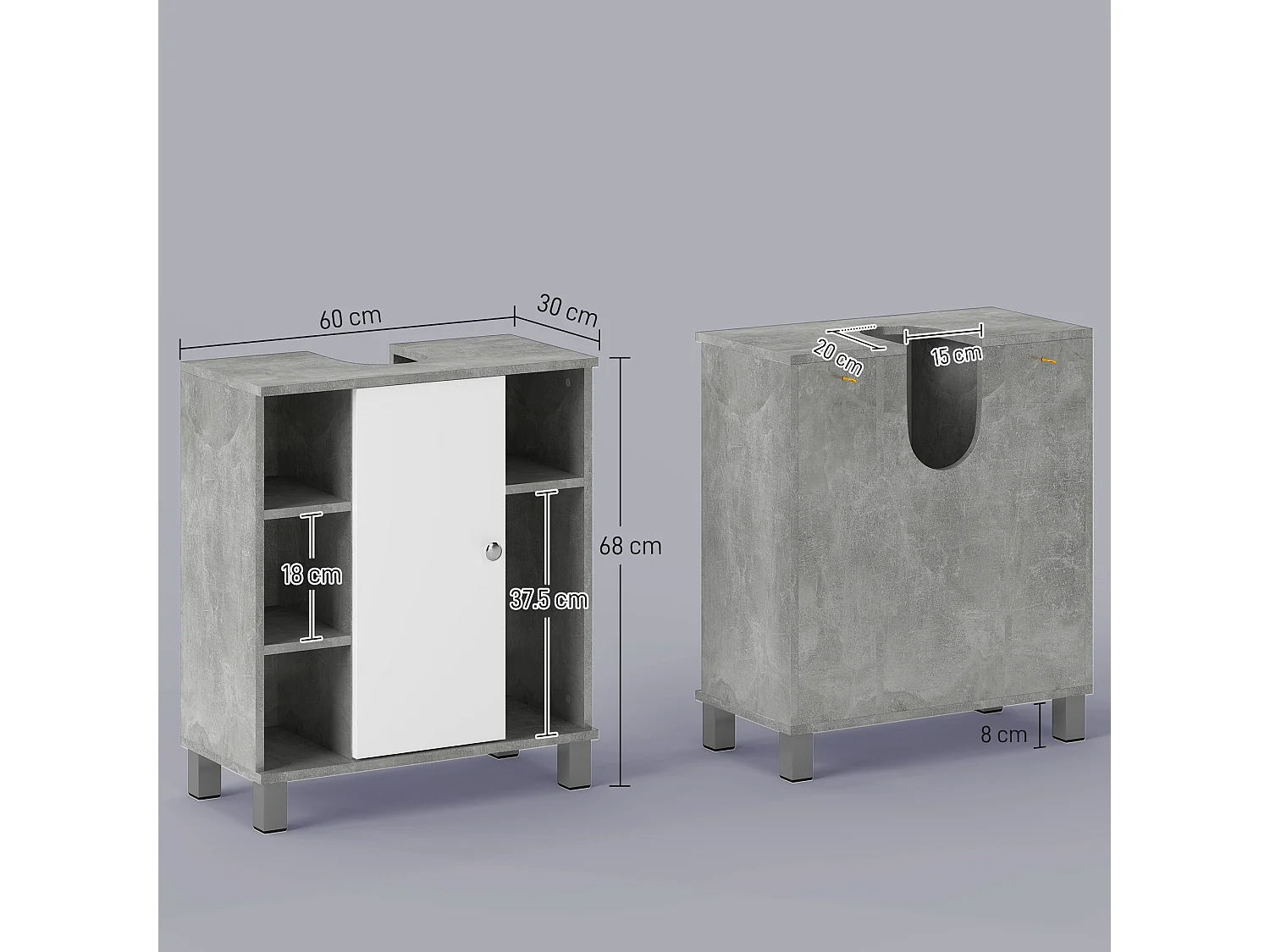 Mobiletto sottolavandino in legno bianco grigio 60x30x68cm