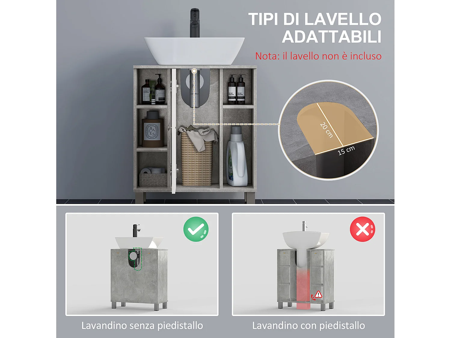 Mobiletto sottolavandino in legno bianco grigio 60x30x68cm