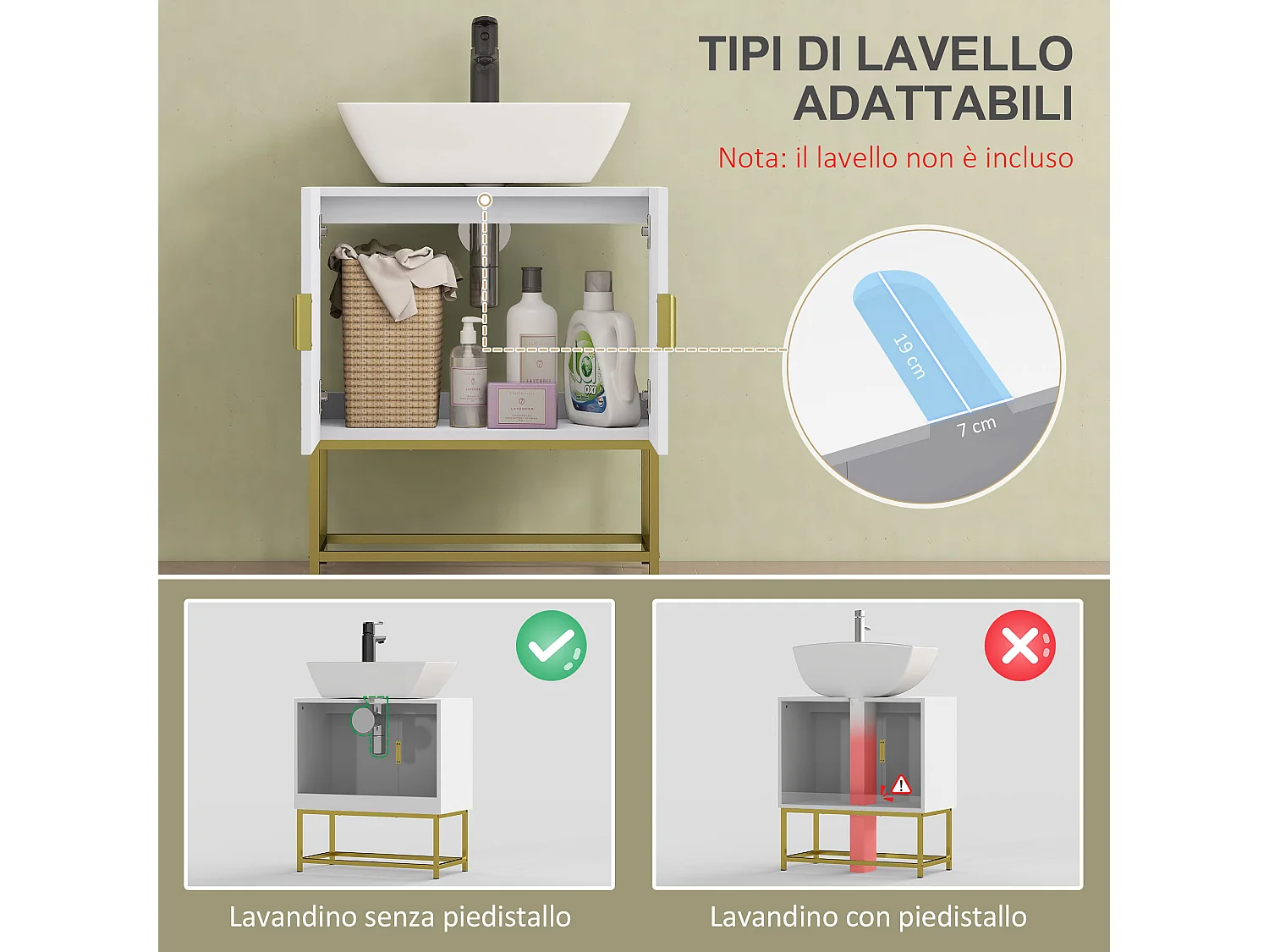 Mobile sottolavabo con armadietto 2 ante in legno e acciaio