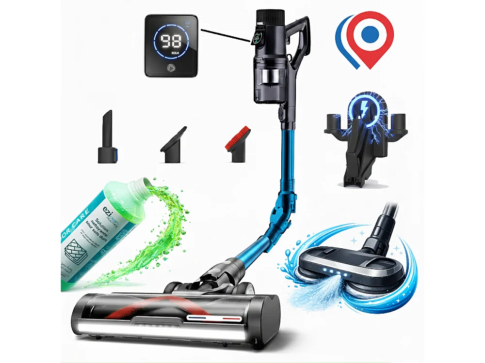 Aspirateur balai sans fil eziclean® Cycloboost FR8 Wash Pro "Fabriqué en france"