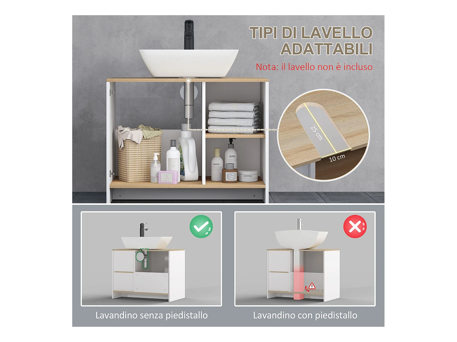 Mobile bagno sottolavabo in legno con armadietto e 2 mensole