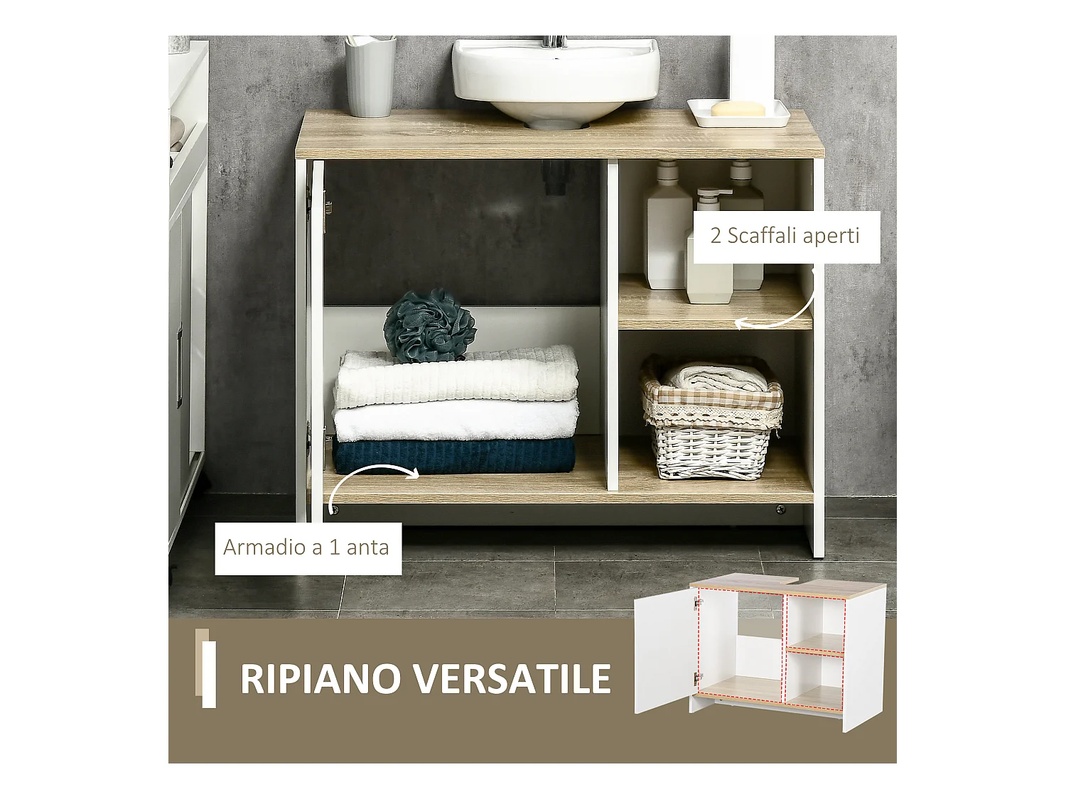 Mobile bagno sottolavabo in legno con armadietto e 2 mensole