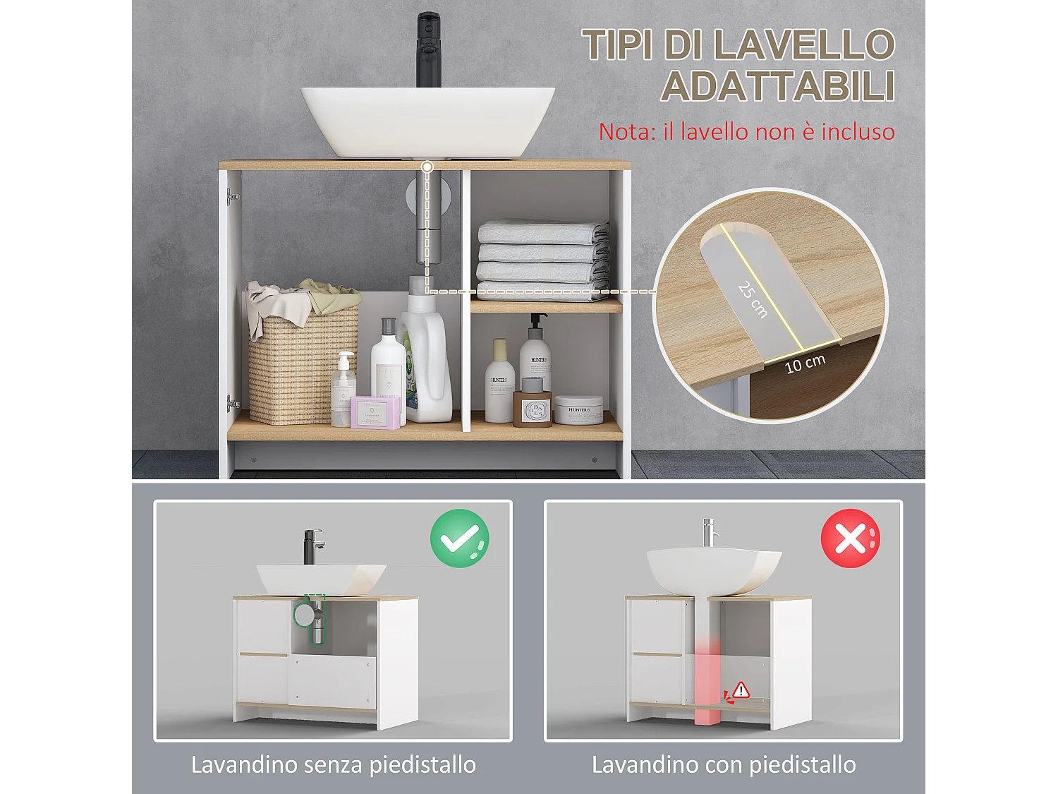 Mobile bagno sottolavabo in legno con armadietto e 2 mensole