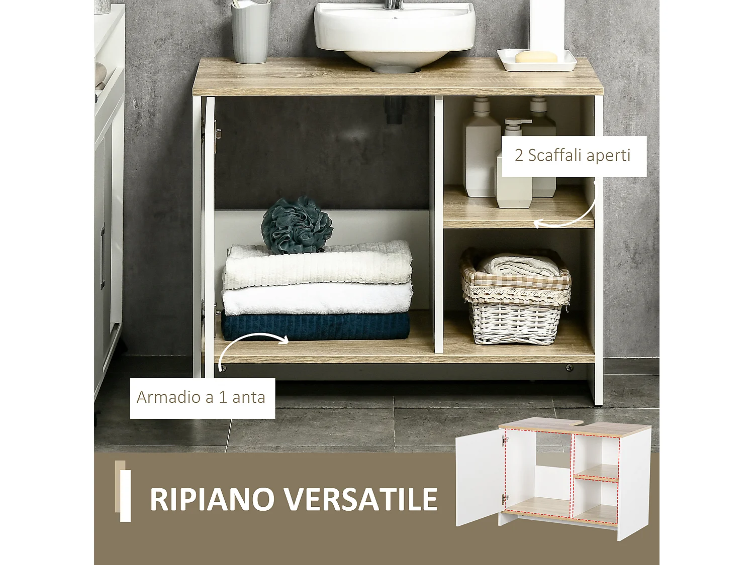 Mobile bagno sottolavabo in legno con armadietto e 2 mensole