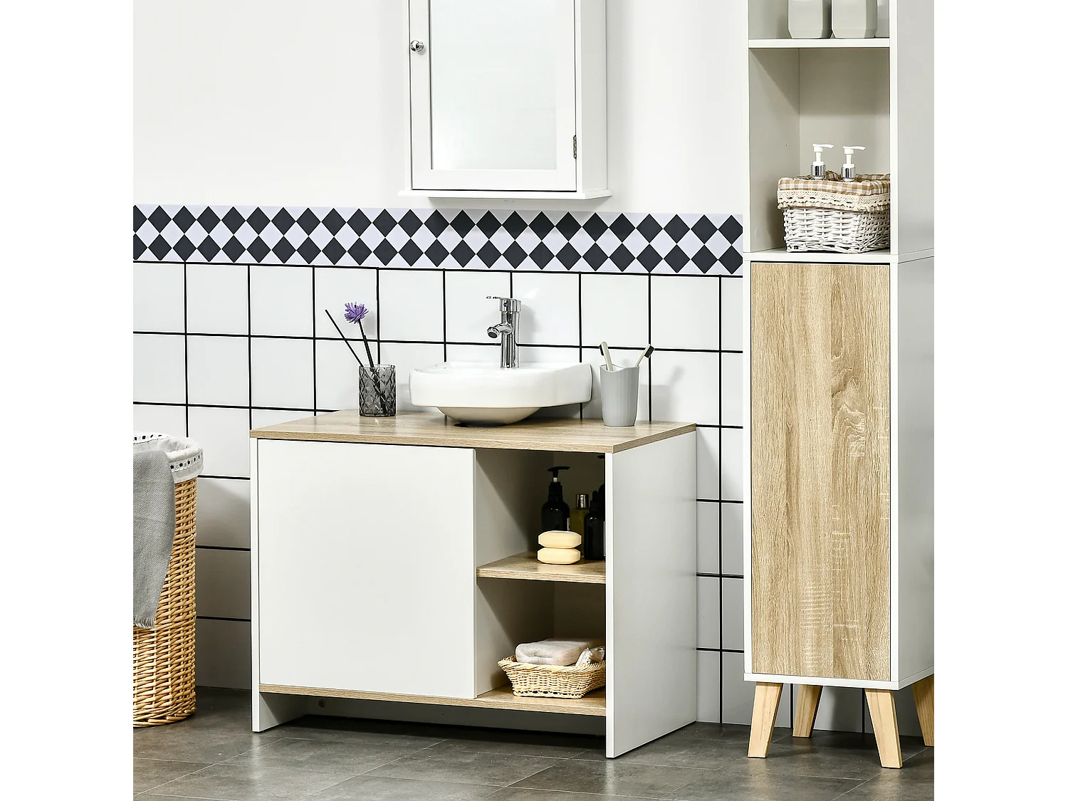 Mobile bagno sottolavabo in legno con armadietto e 2 mensole