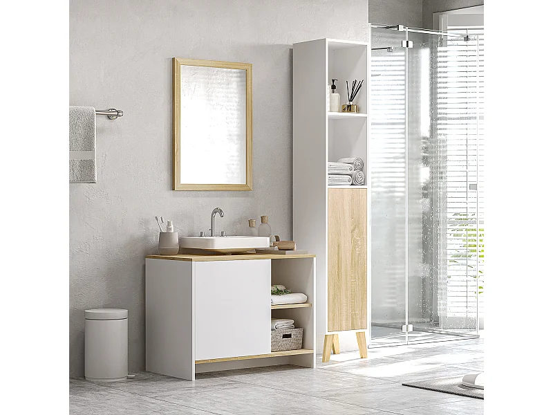 Mobile bagno sottolavabo in legno con armadietto e 2 mensole