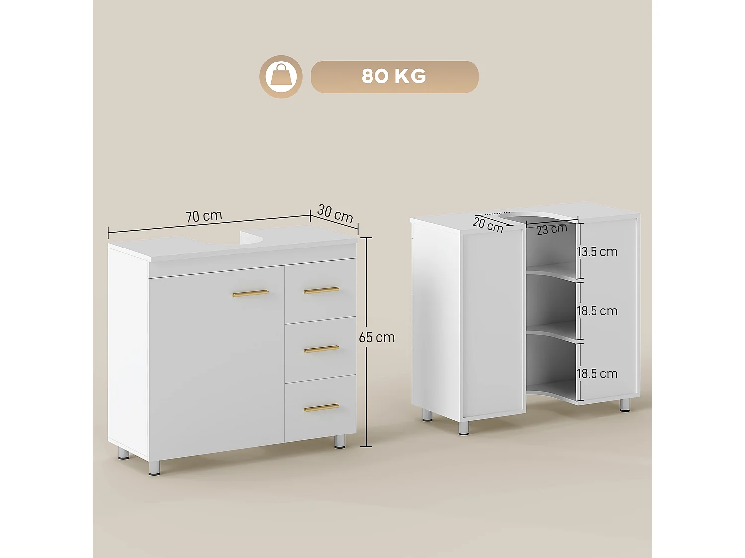 Mobile sottolavabo con armadietto e 3 cassetti con soft close bianco