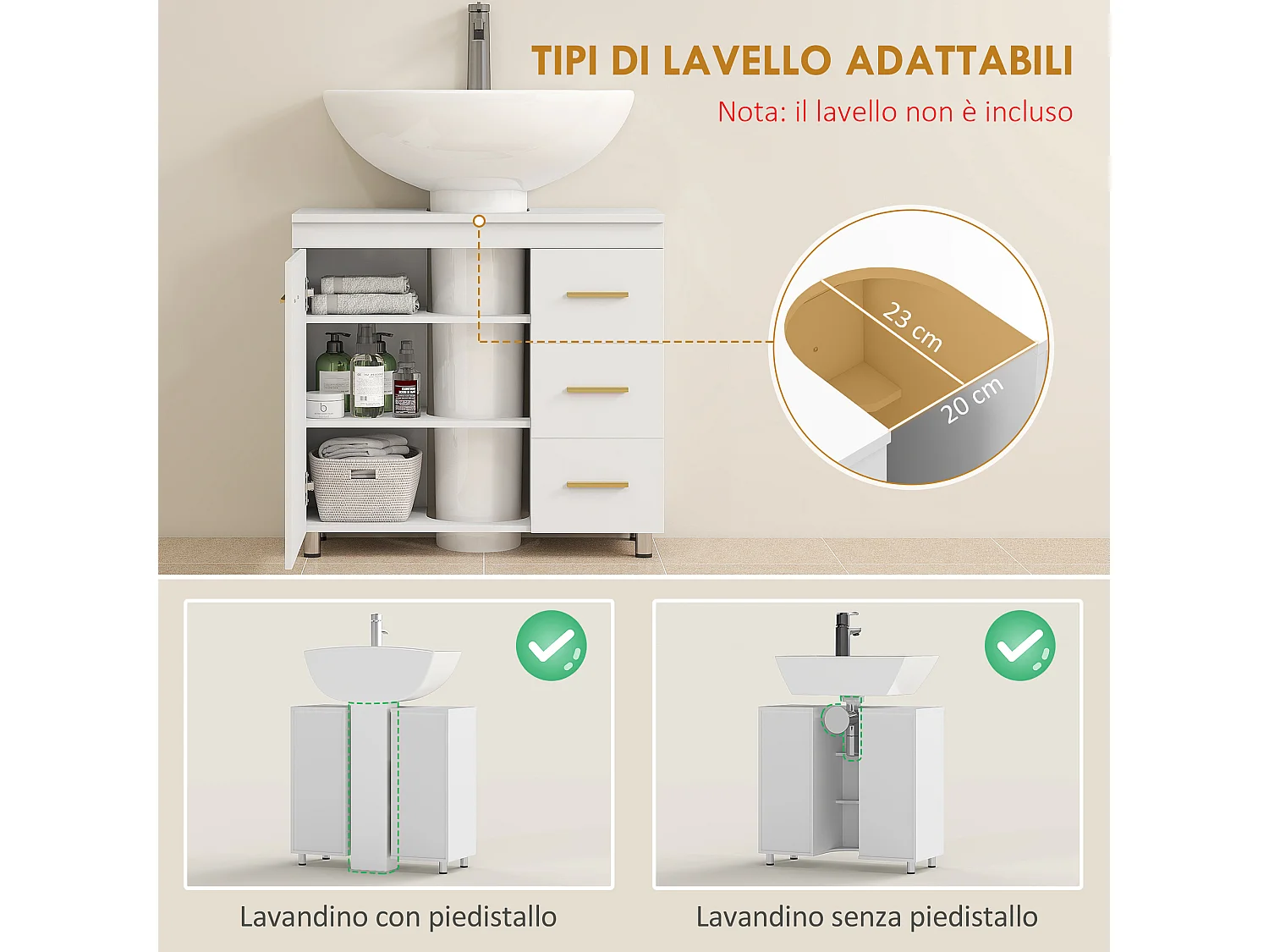Mobile sottolavabo con armadietto e 3 cassetti con soft close bianco