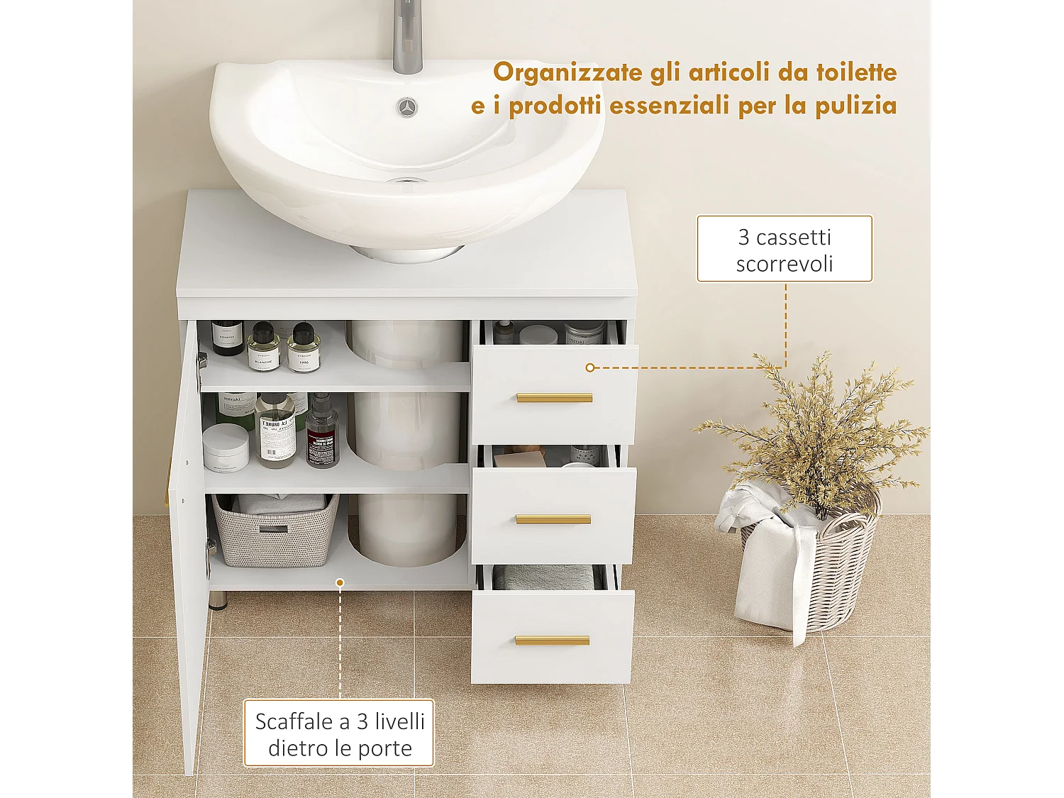 Mobile sottolavabo con armadietto e 3 cassetti con soft close bianco