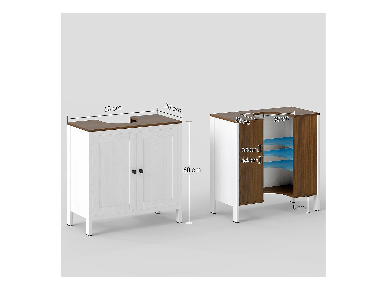 Mobile sotto lavabo bagno con ripiano interno regolabile bianco e noce