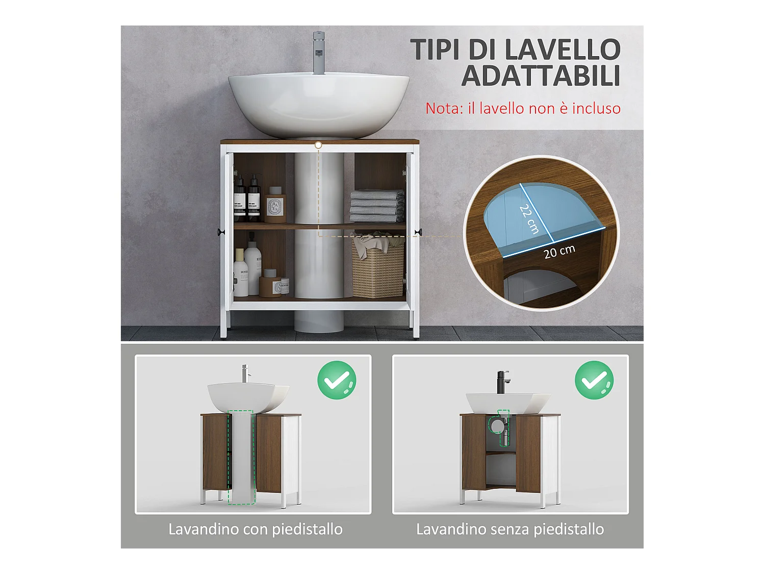 Mobile sotto lavabo bagno con ripiano interno regolabile bianco e noce
