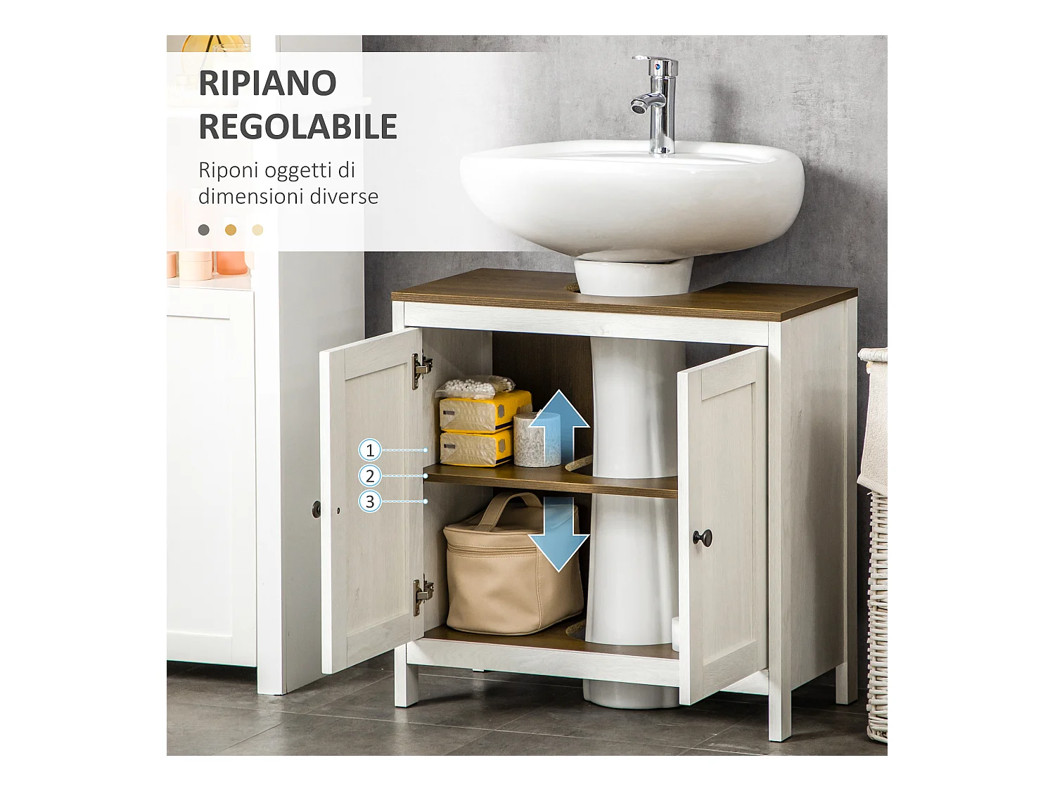 Mobile sotto lavabo bagno con ripiano interno regolabile bianco e noce