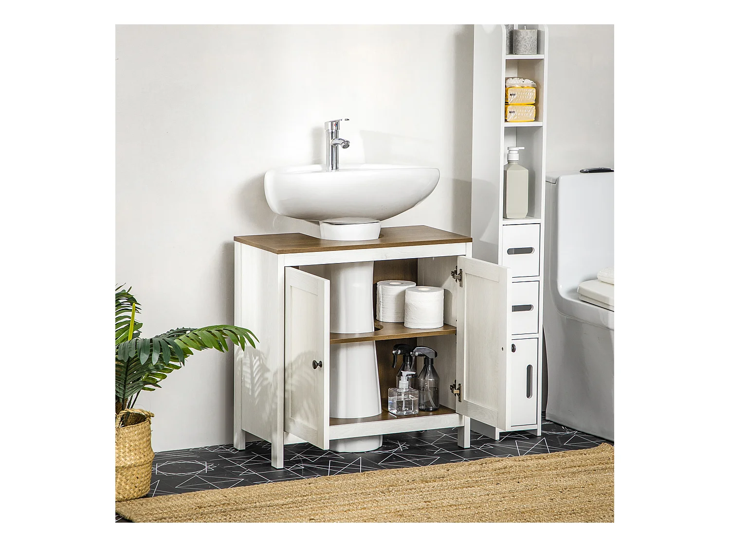 Mobile sotto lavabo bagno con ripiano interno regolabile bianco e noce
