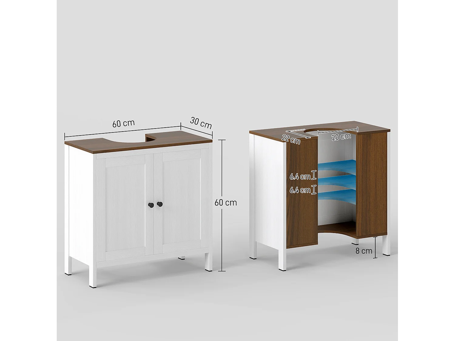 Mobile sotto lavabo bagno con ripiano interno regolabile bianco e noce