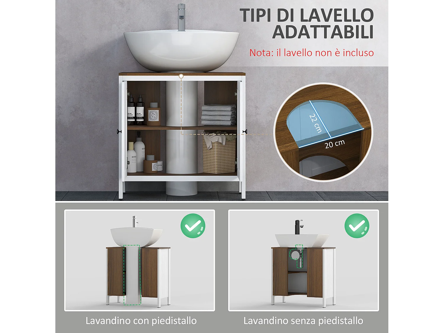Mobile sotto lavabo bagno con ripiano interno regolabile bianco e noce