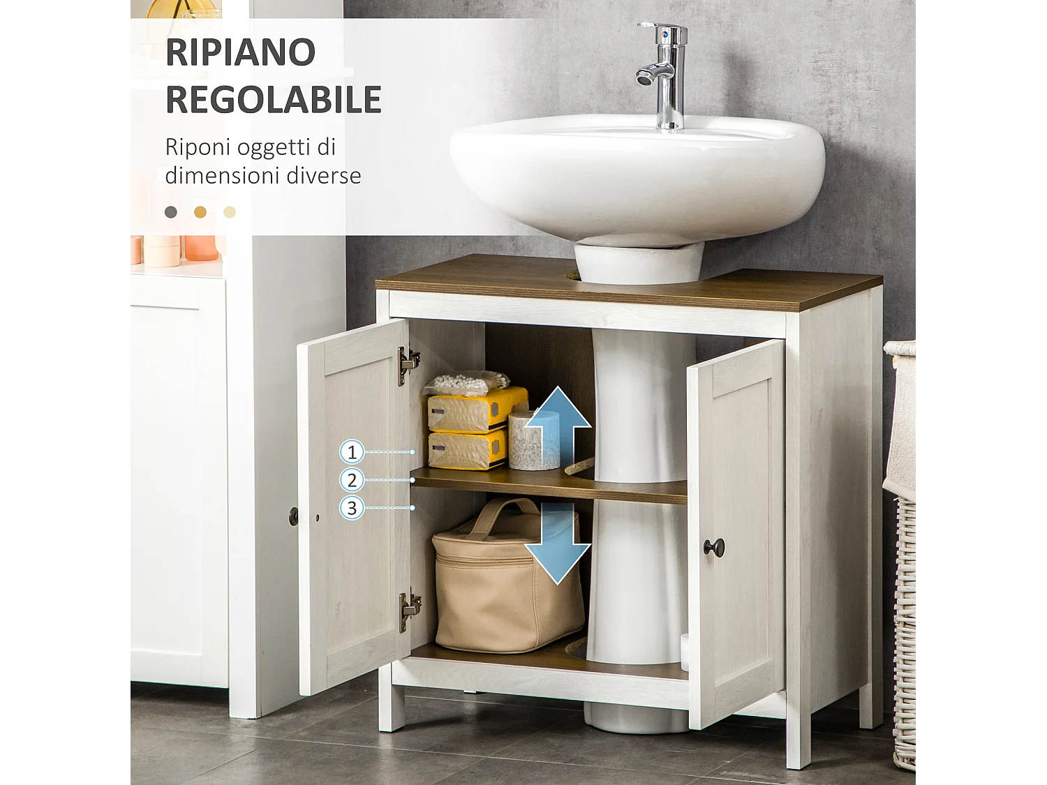 Mobile sotto lavabo bagno con ripiano interno regolabile bianco e noce