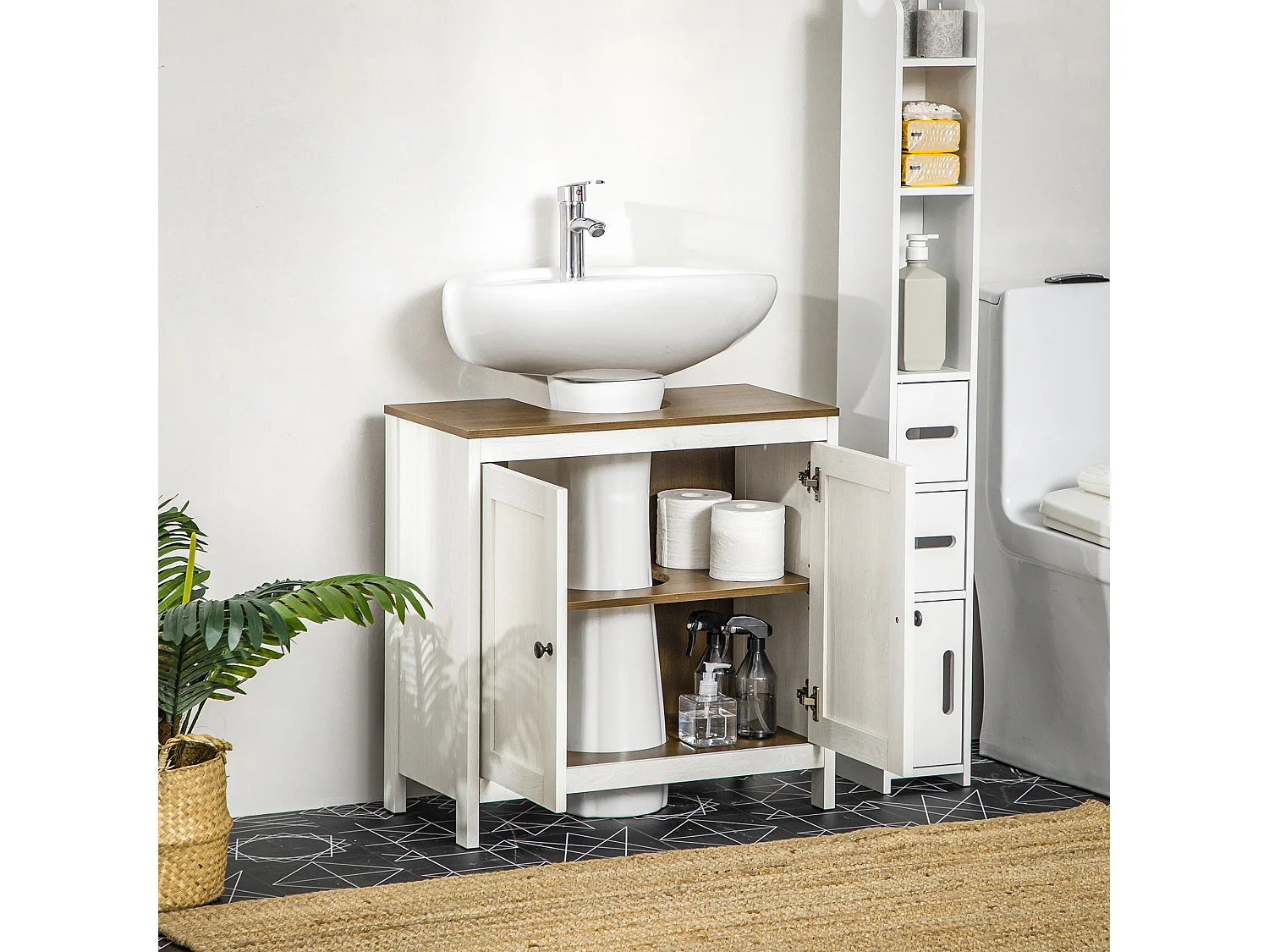 Mobile sotto lavabo bagno con ripiano interno regolabile bianco e noce