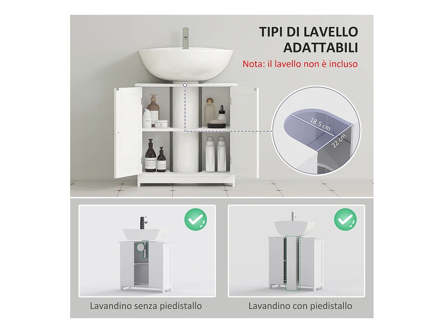 Mobile sottolavabo a 2 ante con ripiano regolabile in legno bianco