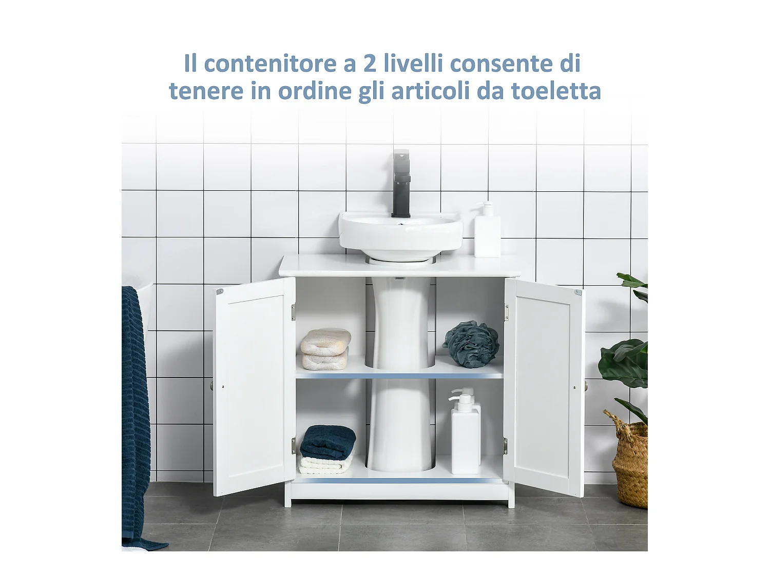 Mobile sottolavabo a 2 ante con ripiano regolabile in legno bianco