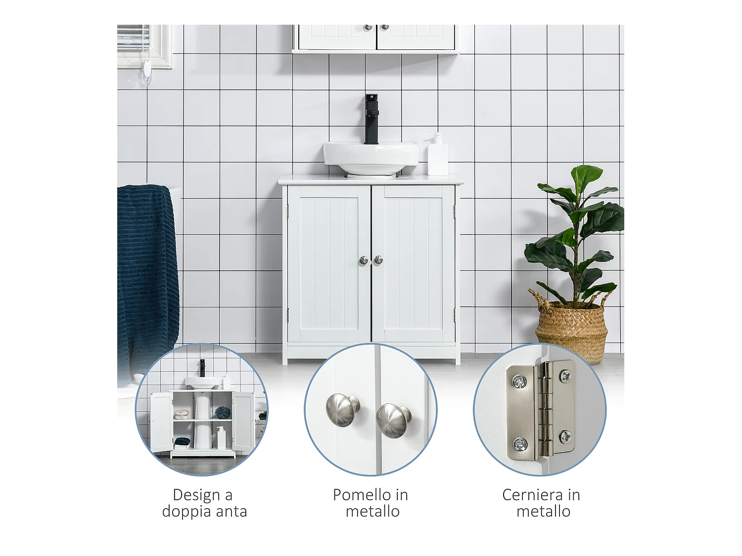 Mobile sottolavabo a 2 ante con ripiano regolabile in legno bianco