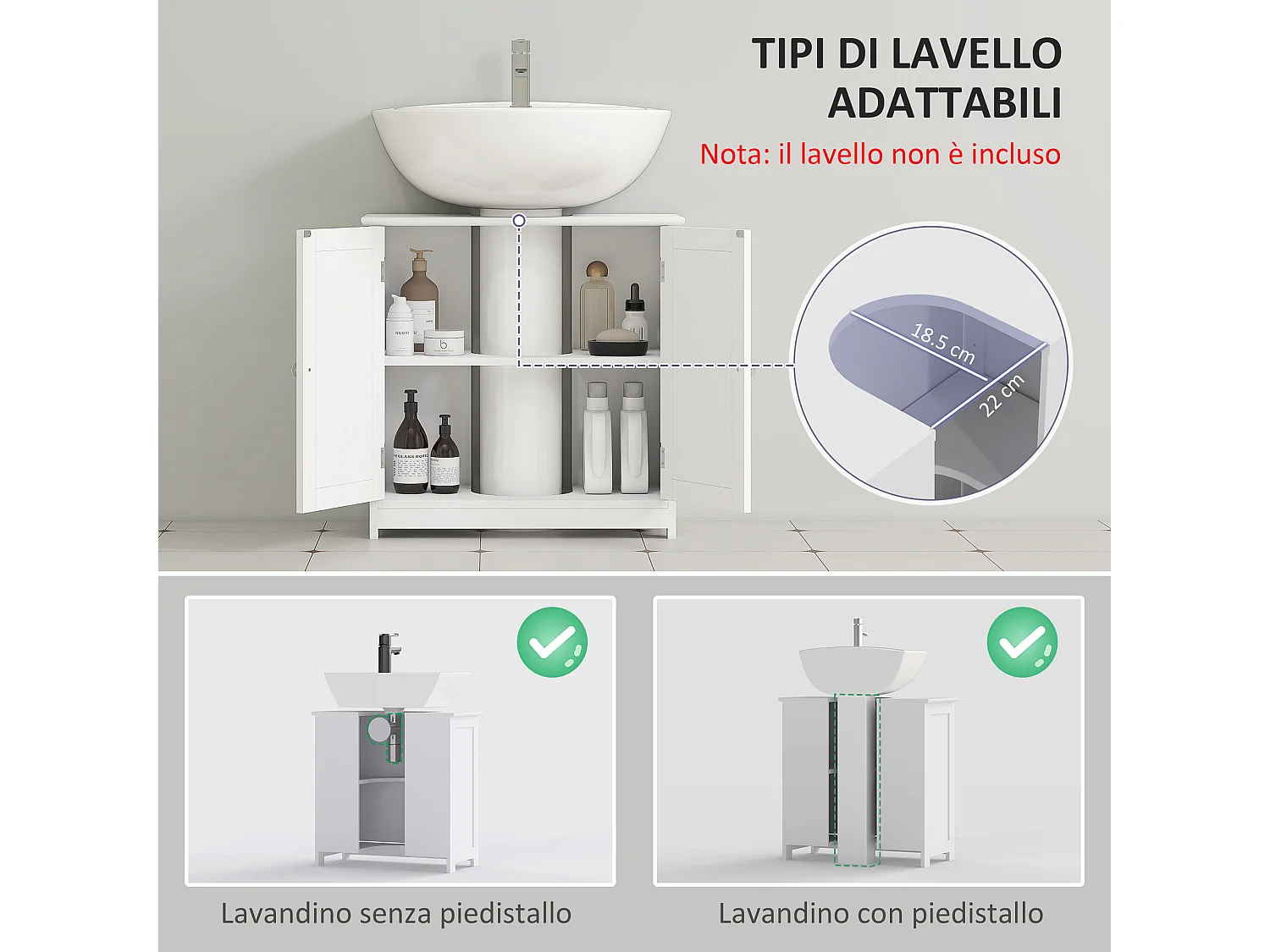 Mobile sottolavabo a 2 ante con ripiano regolabile in legno bianco