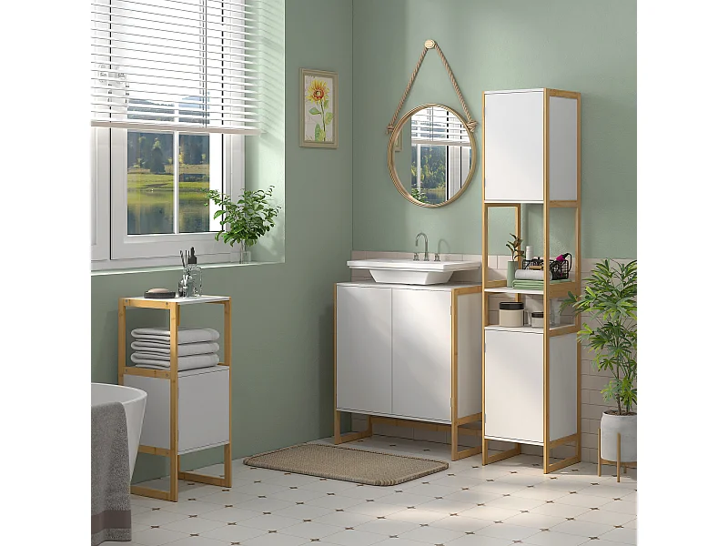 Mobile sottolavabo con 2 ante a pressione in legno bambù e mdf bianco