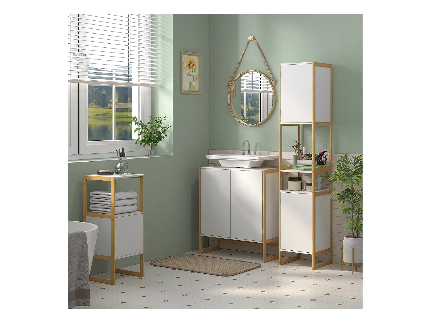 Mobile sottolavabo con 2 ante a pressione in legno bambù e mdf bianco