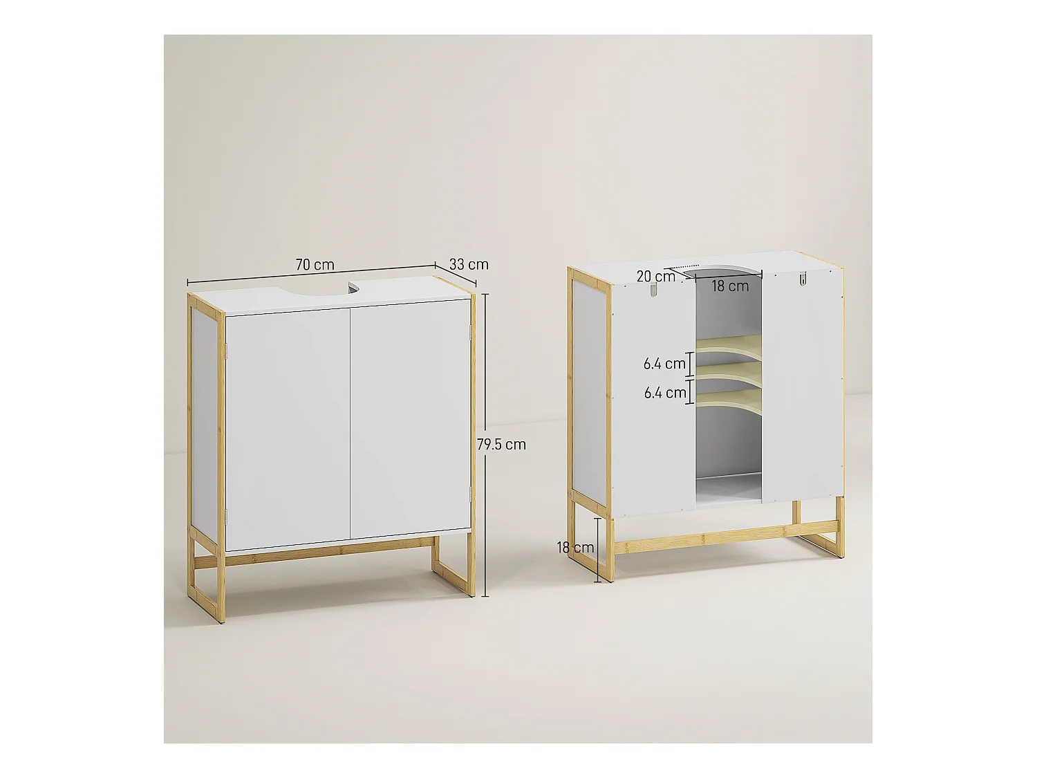 Mobile sottolavabo con 2 ante a pressione in legno bambù e mdf bianco