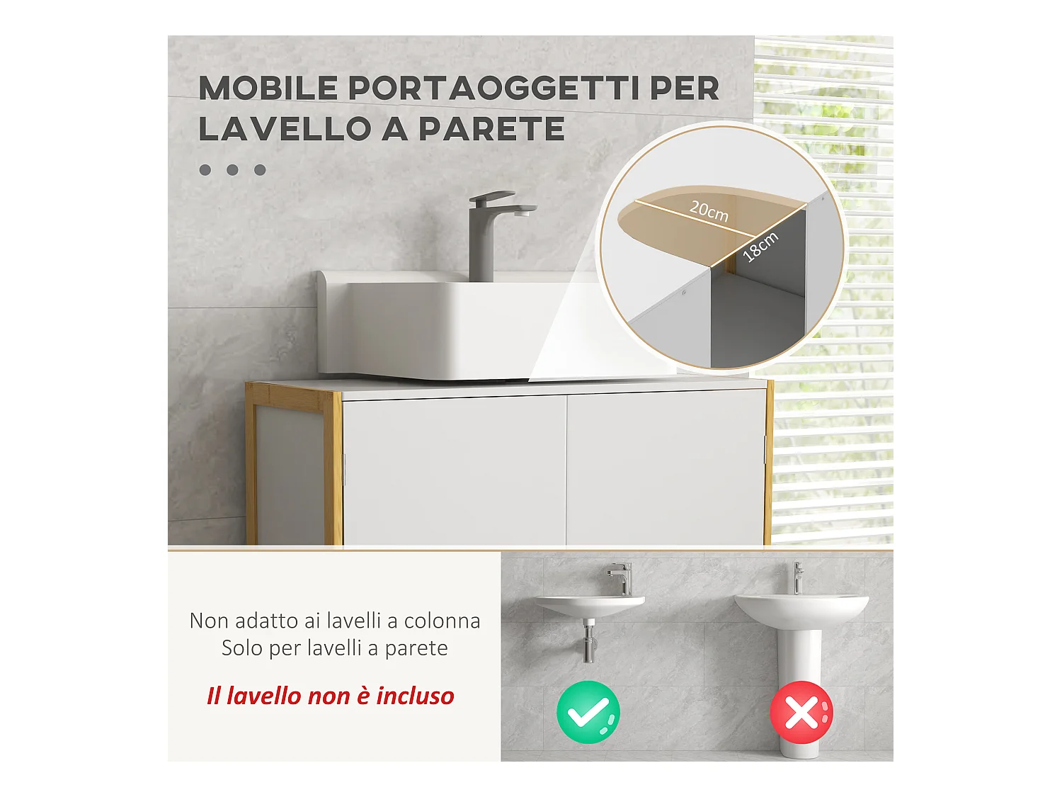 Mobile sottolavabo con 2 ante a pressione in legno bambù e mdf bianco