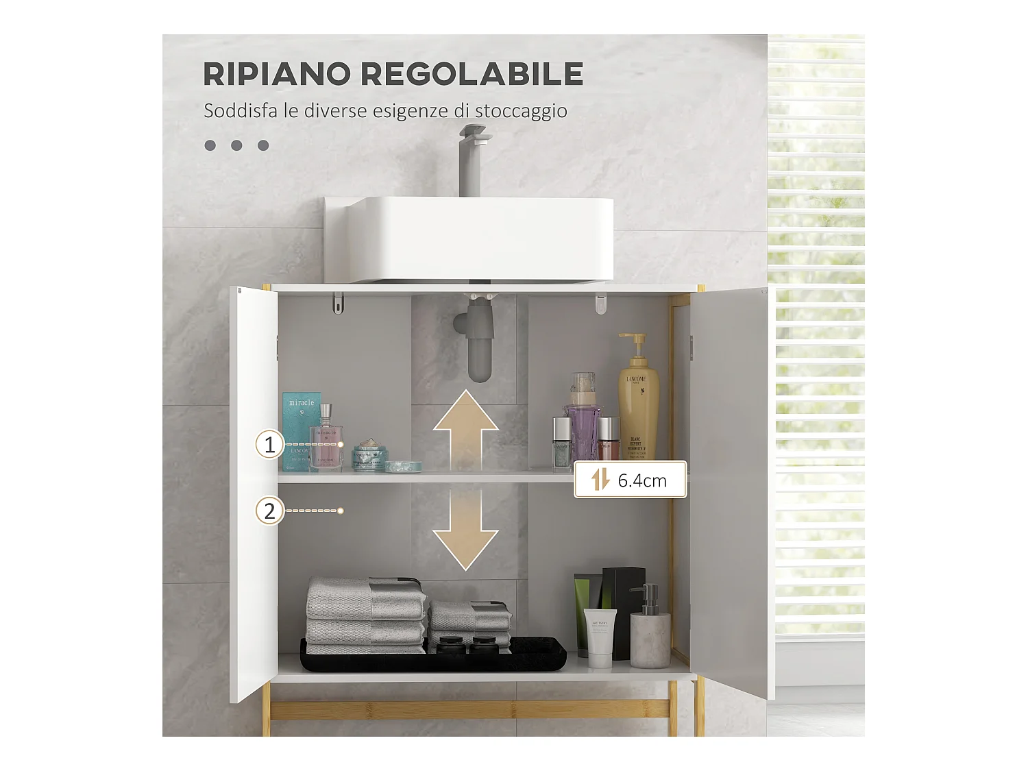 Mobile sottolavabo con 2 ante a pressione in legno bambù e mdf bianco