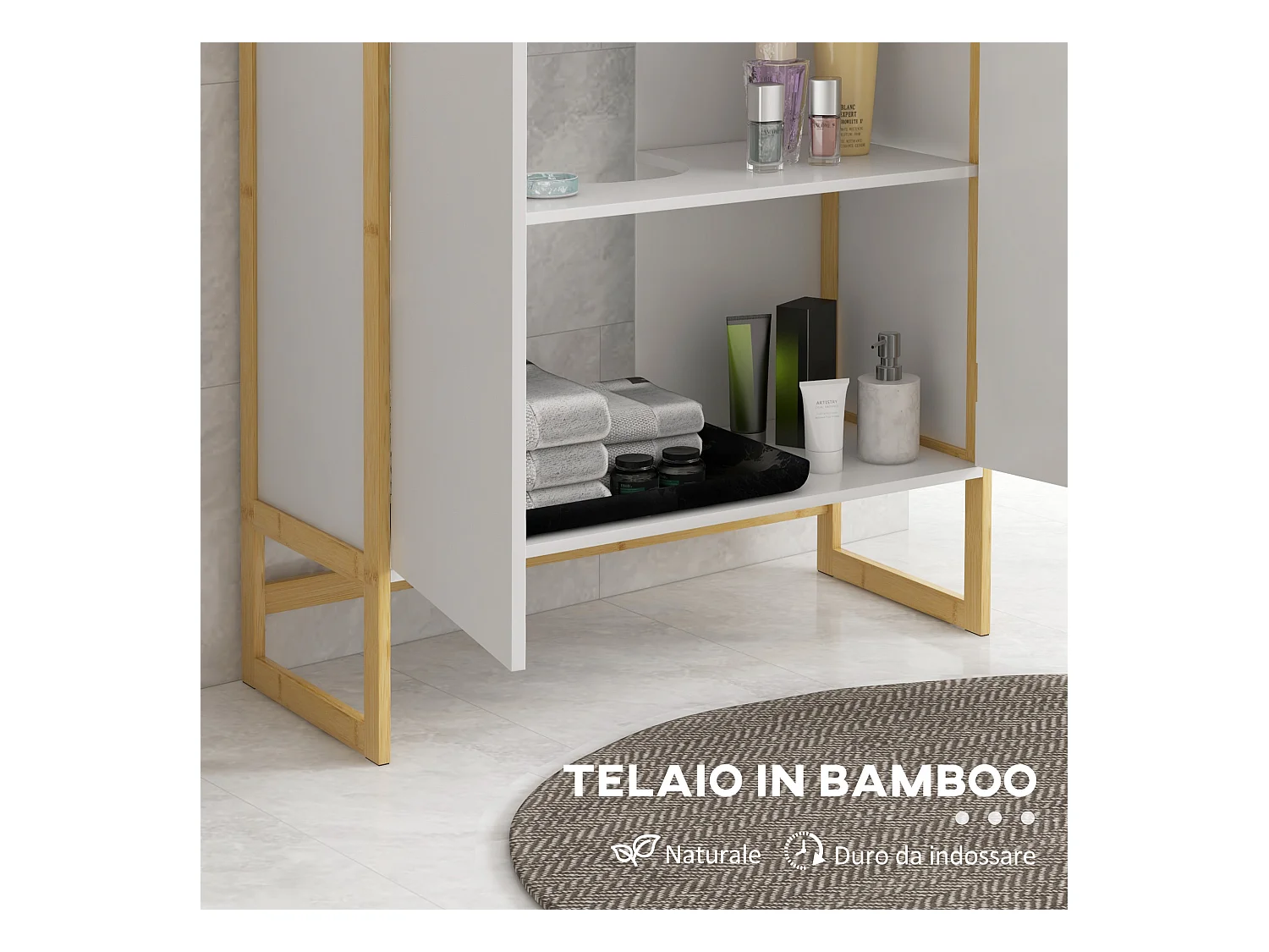 Mobile sottolavabo con 2 ante a pressione in legno bambù e mdf bianco