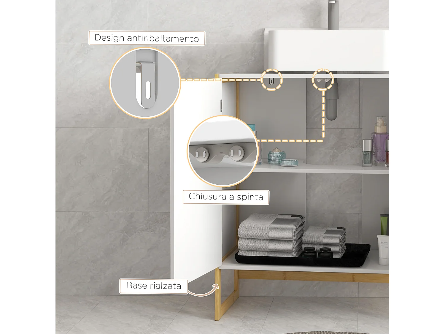 Mobile sottolavabo con 2 ante a pressione in legno bambù e mdf bianco