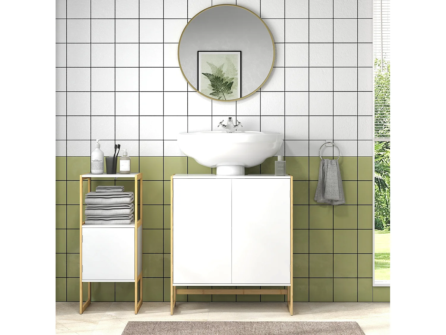 Mobile sottolavabo con 2 ante a pressione in legno bambù e mdf bianco