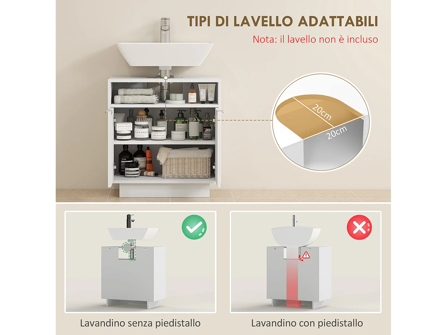 Mobile sotto lavabo bagno con ripiano interno regolabile bianco