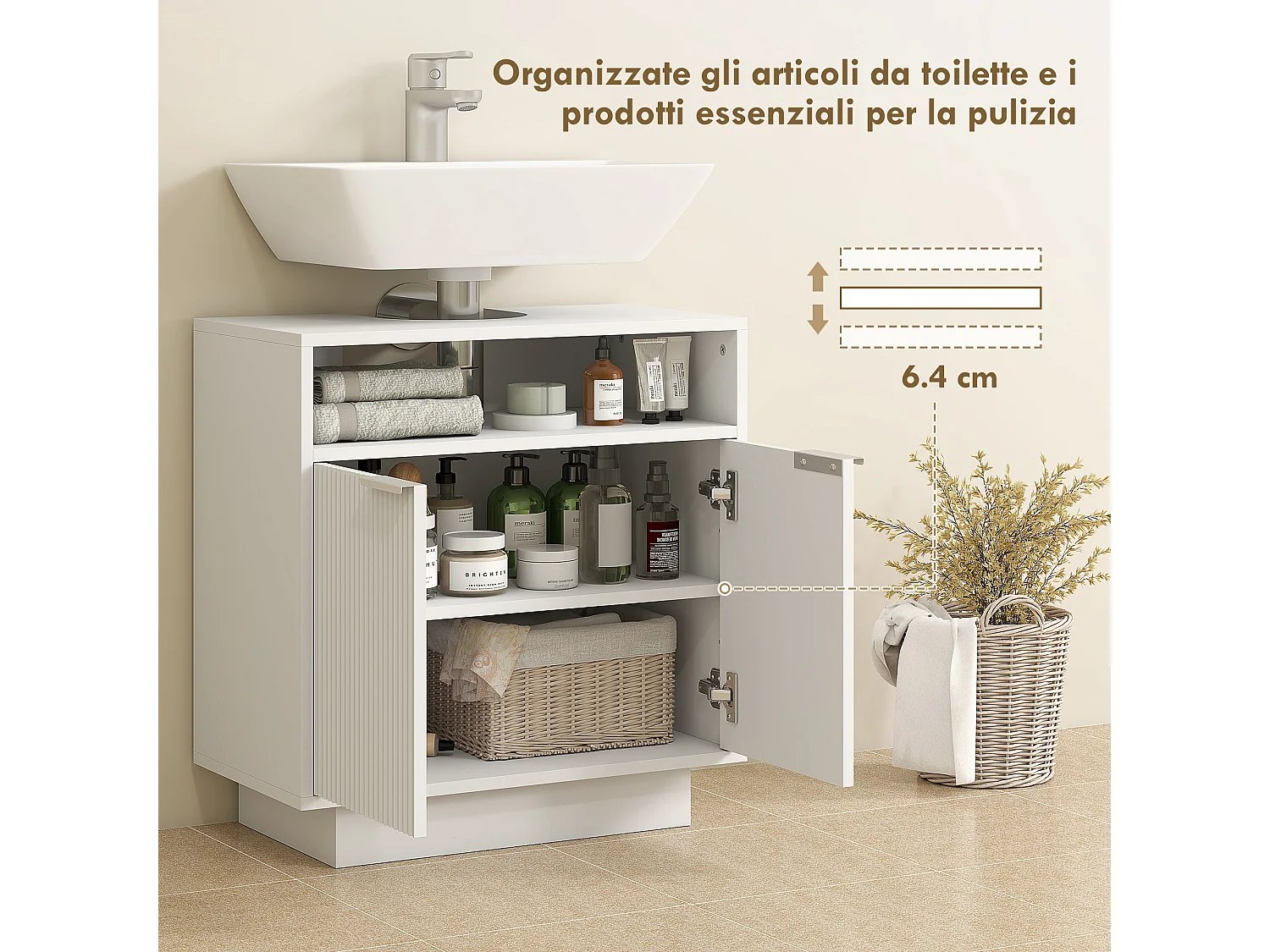 Mobile sotto lavabo bagno con ripiano interno regolabile bianco