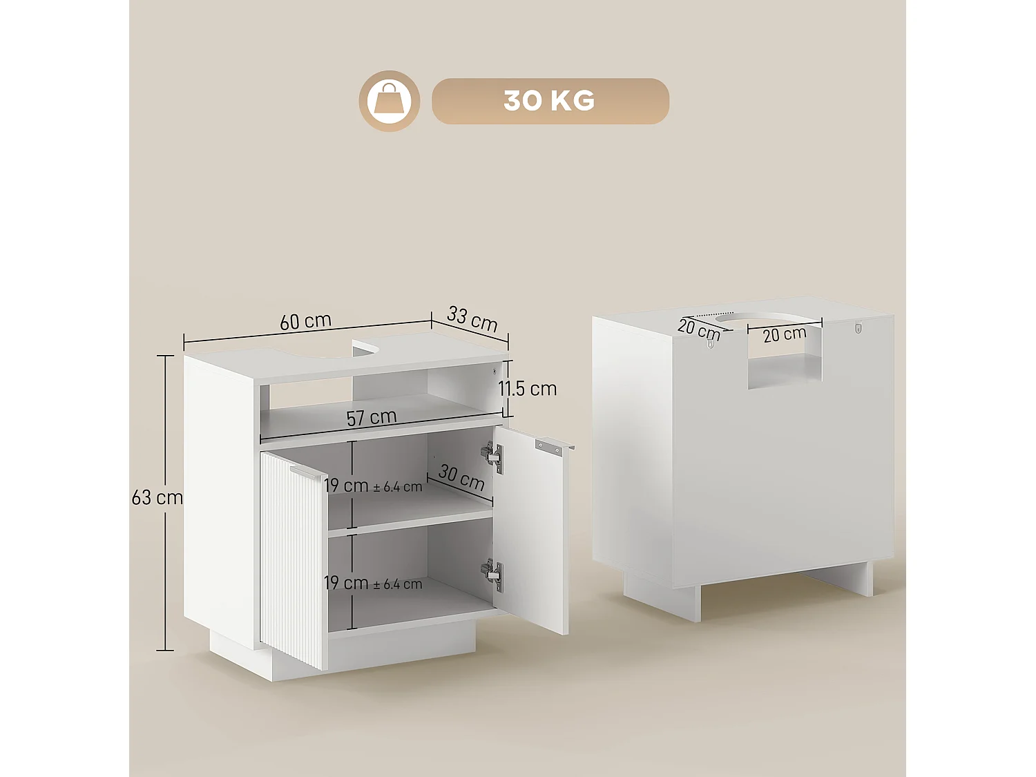Mobile sotto lavabo bagno con ripiano interno regolabile bianco