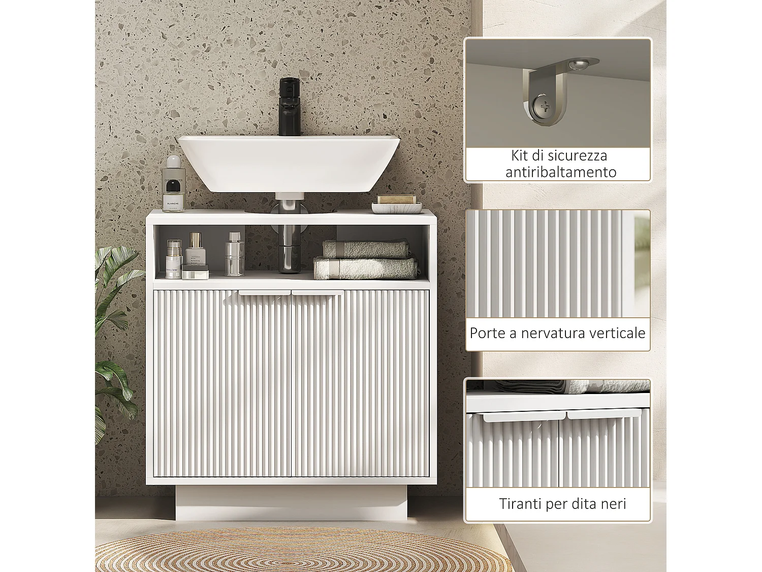 Mobile sotto lavabo bagno con ripiano interno regolabile bianco