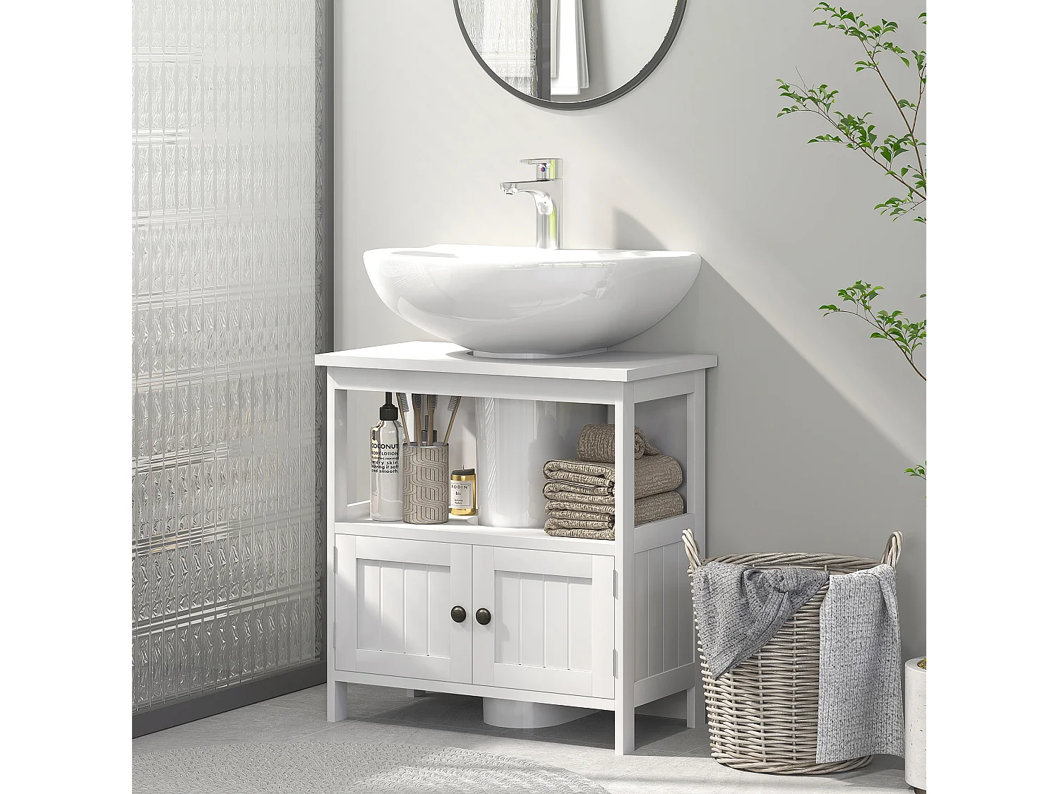 Mobile sottolavabo con ripiano e armadietto 2 ante bianco