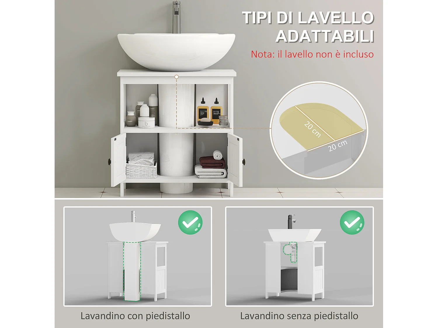 Mobile sottolavabo con ripiano e armadietto 2 ante bianco