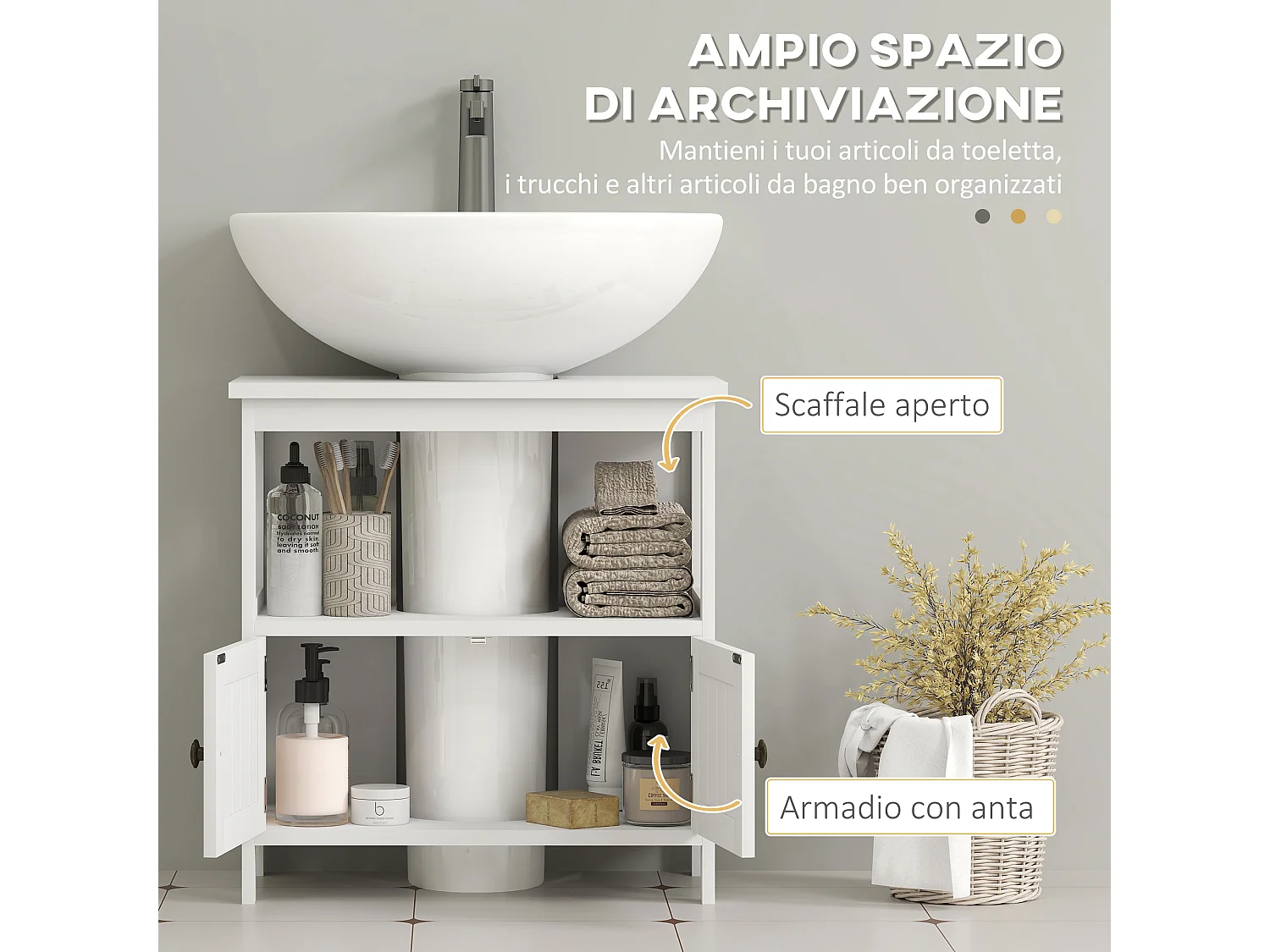 Mobile sottolavabo con ripiano e armadietto 2 ante bianco