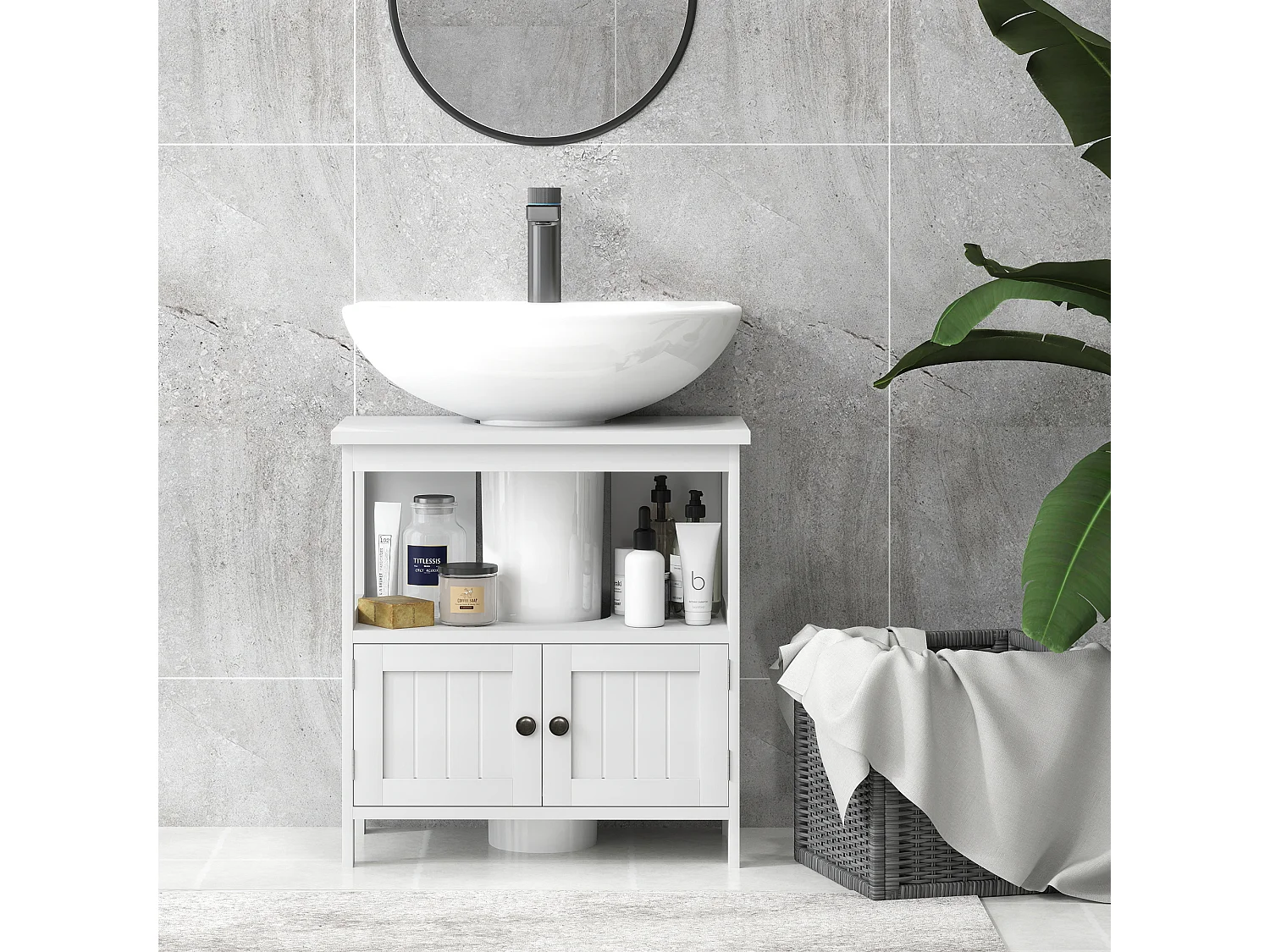 Mobile sottolavabo con ripiano e armadietto 2 ante bianco