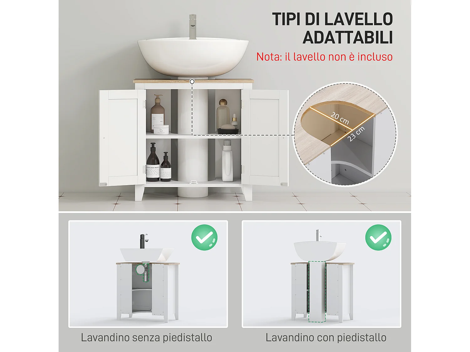 Mobile sottolavabo bagno a u con ripiano regolabile interno in mdf