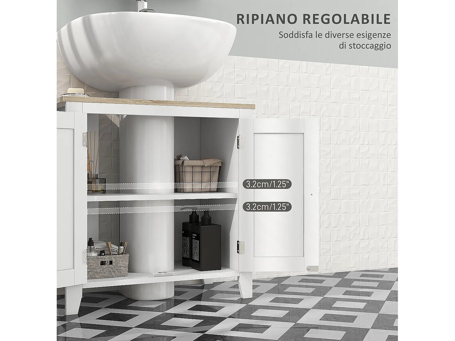 Mobile sottolavabo bagno a u con ripiano regolabile interno in mdf