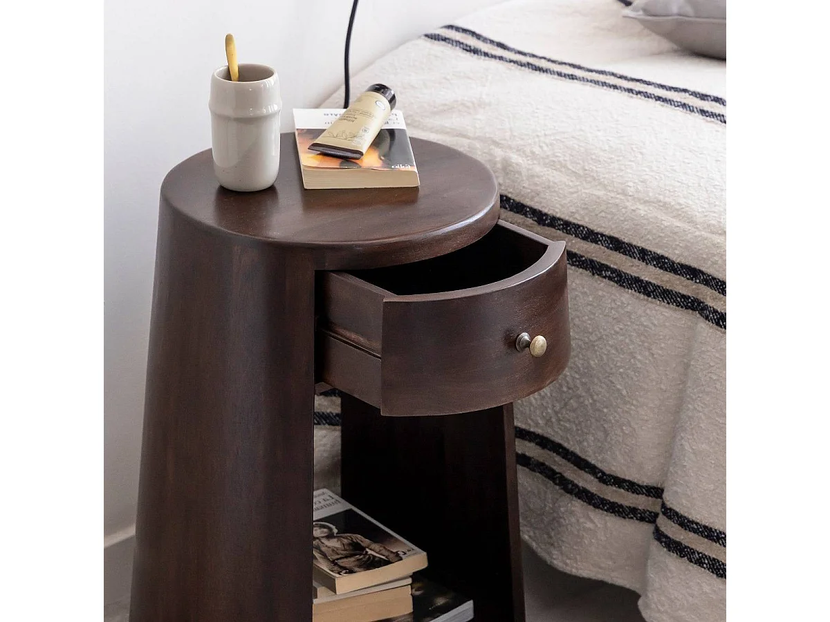 Mesita de noche redonda de madera de mango Isao