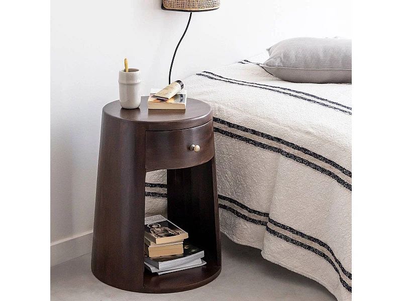 Table de chevet ronde en bois de manguier Isao